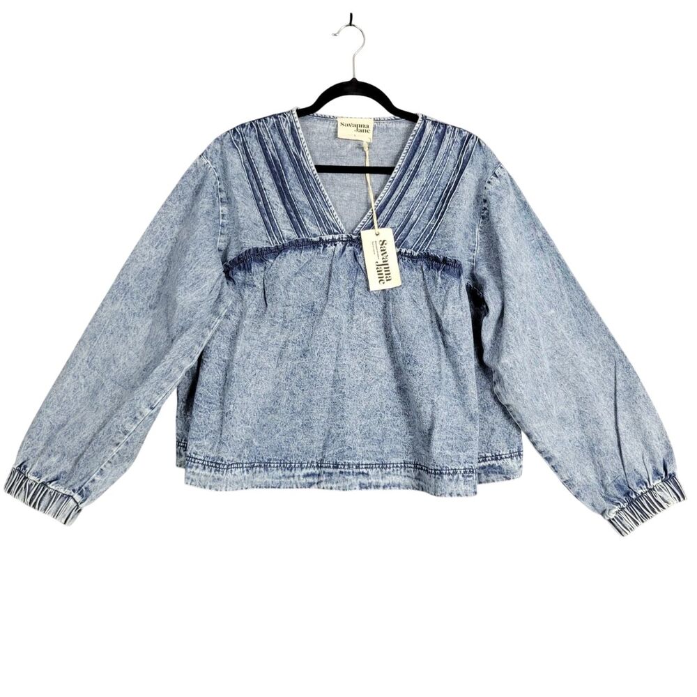 SAVANNA JANE Blue Denim Pullover Top Boho Casual Western Country SIZE LARGE